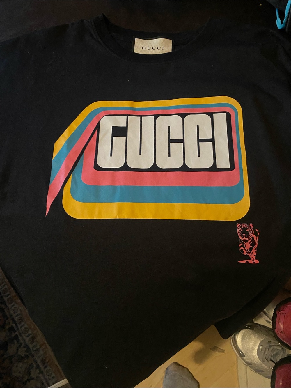 Gucci Black Tee with Yellow, Blue, Pink and White Retro Logo, Size S Men’s